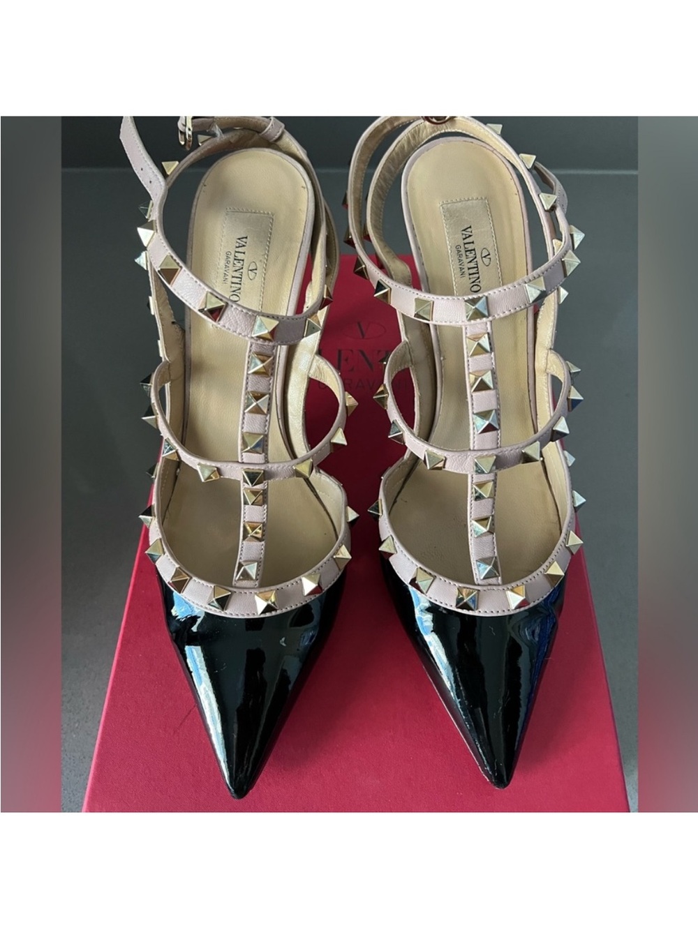 Valentino Black Patent Pointed-Toe Rockstud T-Strap Pumps with Pale Pink Straps